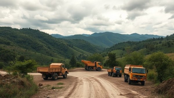 Tracking oil and gas waste in Pennsylvania rugged landscape, vehicles on site, cloudy.