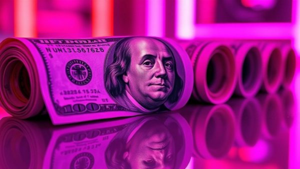 Neon-lit US currency in surreal colors, related to $420 million real estate fraud case.
