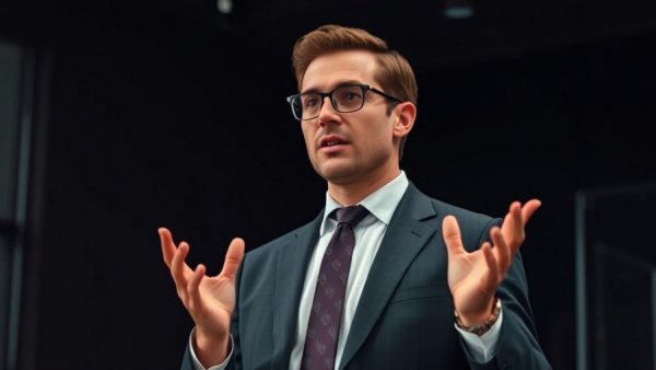 Confident professional presenting advanced recycling solutions, dark setting.