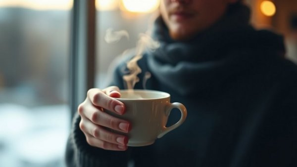 Mindful moment with a warm drink near a window, soft lighting promotes mindfulness.