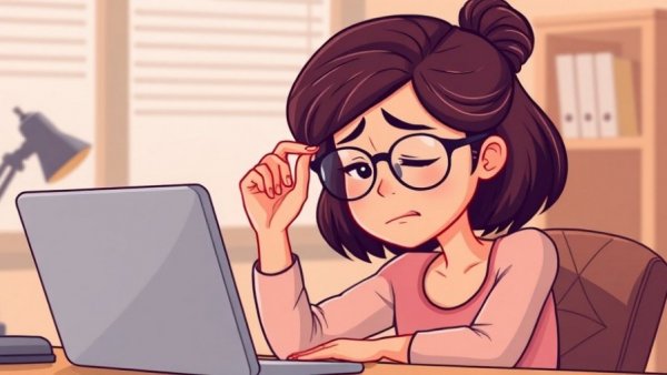 Woman experiencing tech fatigue with the 20-20-20 rule.