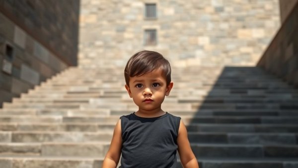 Young child facing large staircase, symbolizing overcoming self-doubt.