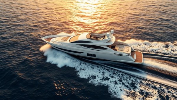 Prestige F4.3 yacht navigating the sea at sunset