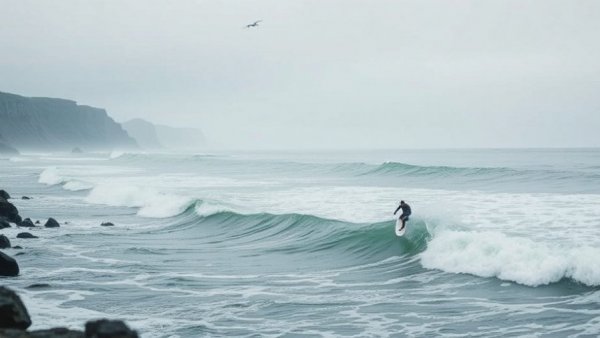 Surfer rides waves along rugged Bering Sea coast under gray sky.
