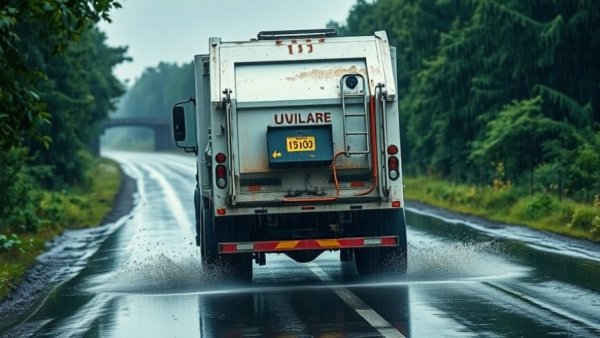 Garbage truck on rainy Pennsylvania road amidst lush greenery.