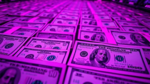 Futuristic depiction of US dollar bills under neon lights symbolizing data breach compensation.