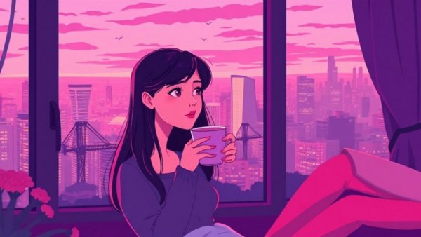 Serene woman embraces mindfulness with city view, enhancing sleep quality.