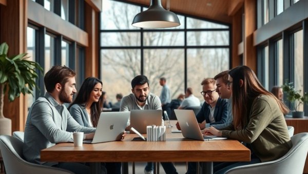 Modern office, young professionals collaborating on laptops, mindfulness and technology integration.