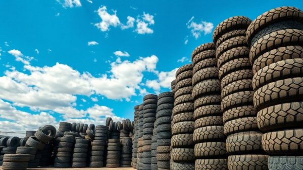 Stack of OTR tires in recycling yard showcasing OTR tire recycling solutions.