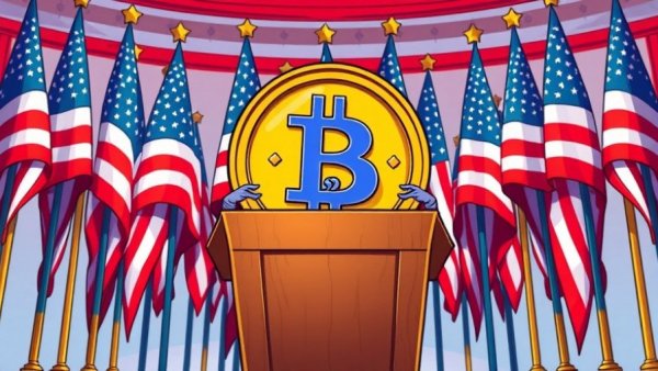 Animated coin character at podium with US flags, stablecoin tax break theme.