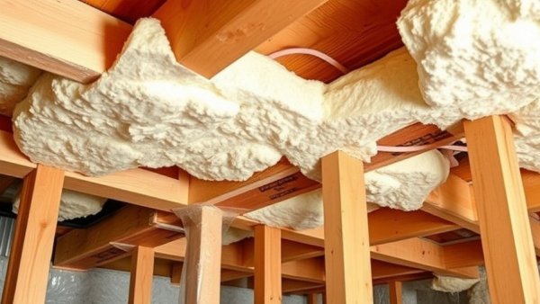 Foam insulation on rim joist in basement for energy efficiency.