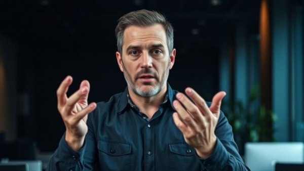 Man discussing plastic pyrolysis with expressive hand gestures.