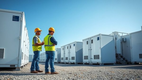 Workers inspecting battery storage units related to Illinois Battery Storage Legislation.