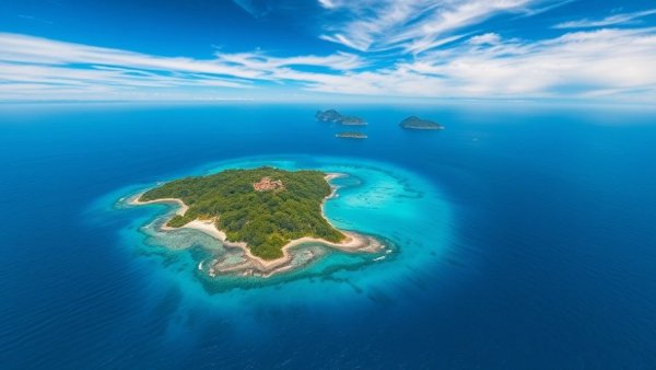 Aerial view of lush Indonesian island with blue ocean, cruising Indonesian islands.