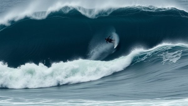 Surfer riding massive Mullaghmore barrel wave, capturing ocean power.