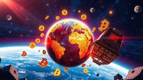 Futuristic illustration with cryptocurrency symbols and cosmic background.