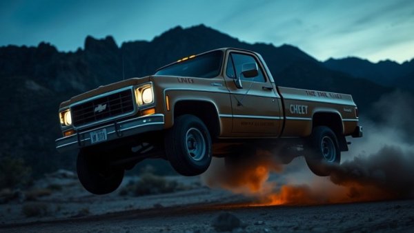 Student-built 1974 Chevy C30 performing a jump in a mountainous area.