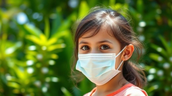 Young girl wearing face mask outdoors showing impact of climate change on health.