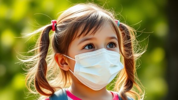 Young girl wearing mask outdoors in natural light.