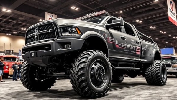 Rugged Ram 5500 Hellboy truck at auto show with oversized tires, detailed.
