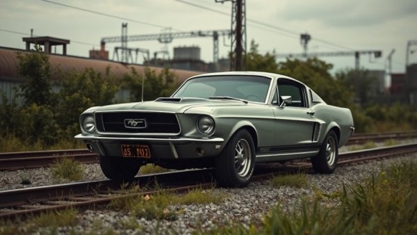 Vintage Mustang parked on tracks, cinematic setting.