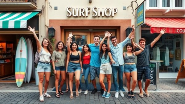 Happy group outside best surf shop in Ericeira, cobblestone street.
