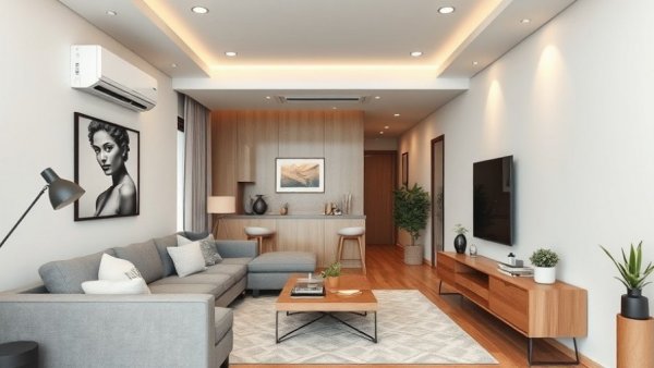 Ductless mini-split placement in a narrow modern living room, efficient cooling.