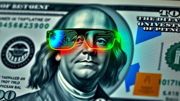 Stylized Benjamin Franklin with circuit sunglasses highlighting data breaches in financial sector.