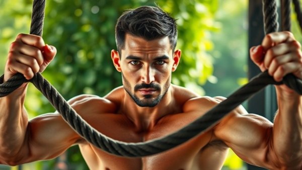 Muscular man exercises with battle ropes at a surf and fitness destination.