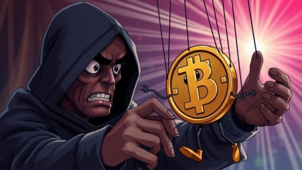 Cartoon of a puppet master controlling a coin character, vibrant and dynamic.