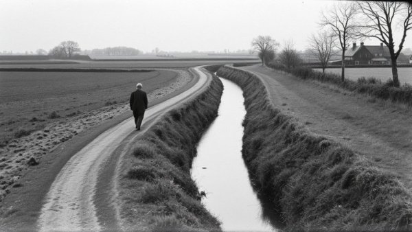 Fenland marshman walking on dyke by water channel, rustic 1945.