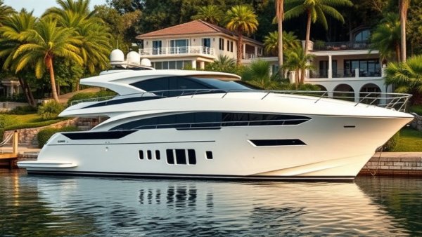 Striker 62 Elska yacht docked for sale with villa backdrop.