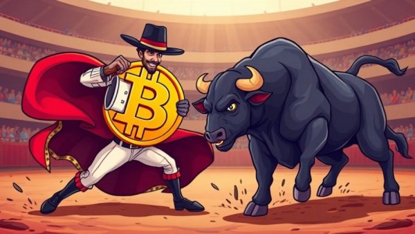 Cartoon Bitcoin logo confronting a bull, symbolizing market dynamics in Bitcoin four-year cycle.