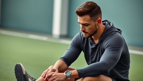 Man waits to work out after eating, sitting on gym floor.