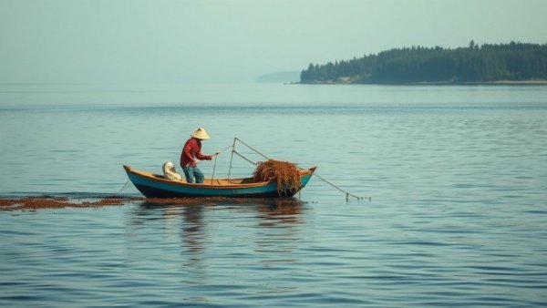 Maine's shellfish harvester tending seaweed on a calm lake.