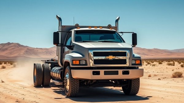 2024 Chevy 6500 HD overland 4x4 on dusty terrain with rugged features.