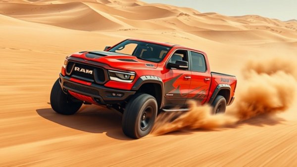 Red and black 2027 Ram TRX off-roading in desert dunes, vibrant action.