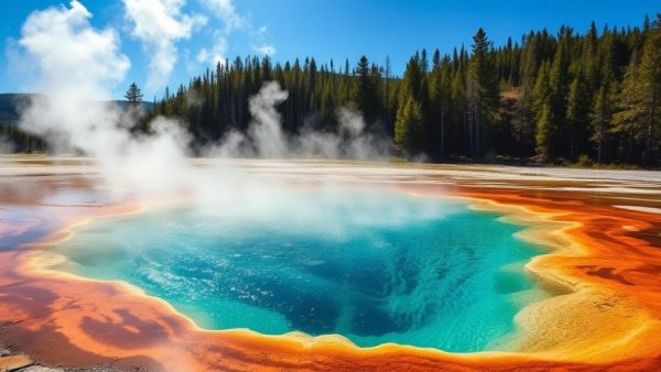 Colorful geothermal pool with steam at Yellowstone Lakes.