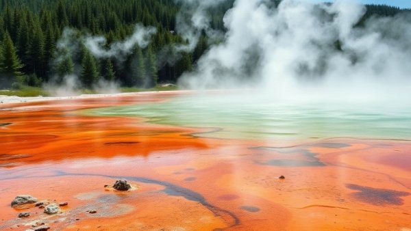 Yellowstone lakes travel guide: Colorful hot spring with mist.