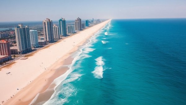 Aerial view of best family beaches in South Carolina with high-rise hotels.