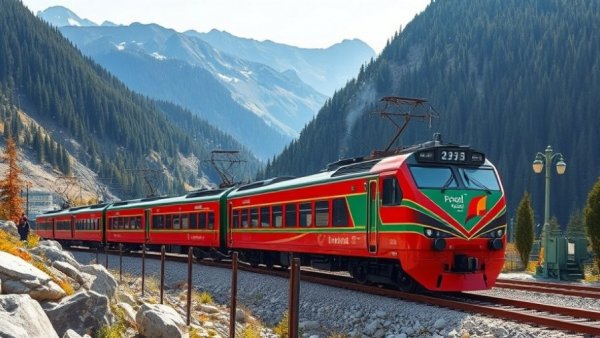 Colorful train on rocky terrain, with lush mountain views in New Hampshire.