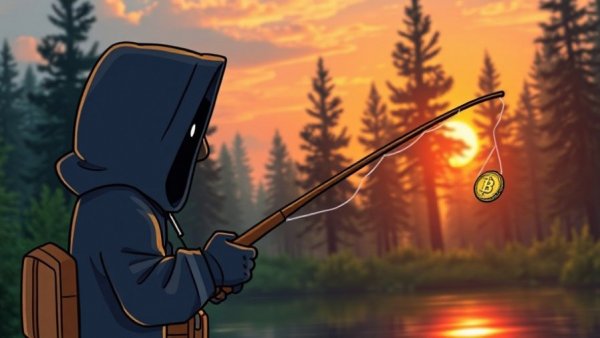 Cartoon of crypto phishing with digital coins and sunrise.