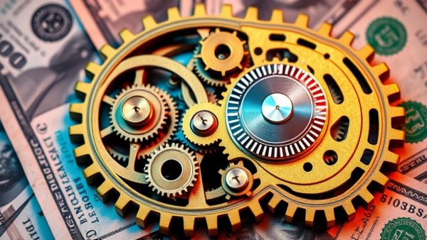 Intricate gears atop colorful currency symbolizing Android banking malware.