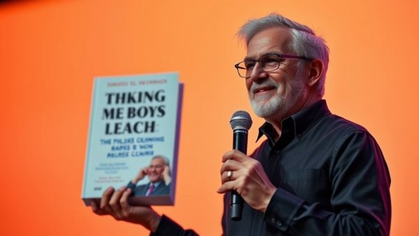 Leadership Strategies for Team Success: Book launch with confident speaker and book cover.