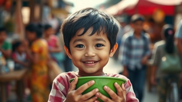 Nu Skin Social Impact and Sustainability Report 2024: child holding green bowl, outdoor setting.