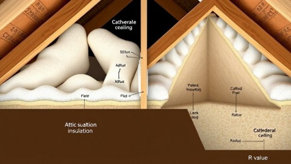 Cross-section showing R-value differences in attic vs cathedral ceiling insulation.