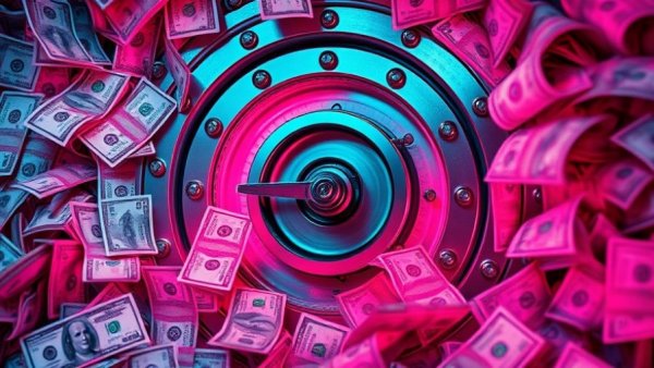 Intricate neon pink vault with money; illustrates healthcare data breach risks.