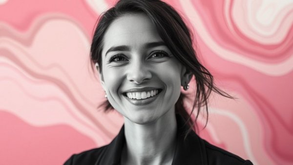 Monochrome female portrait with abstract wavy pink background.