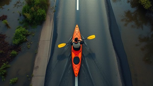 Aerial view of kayaker navigating flooded Bay Area road during king tides.