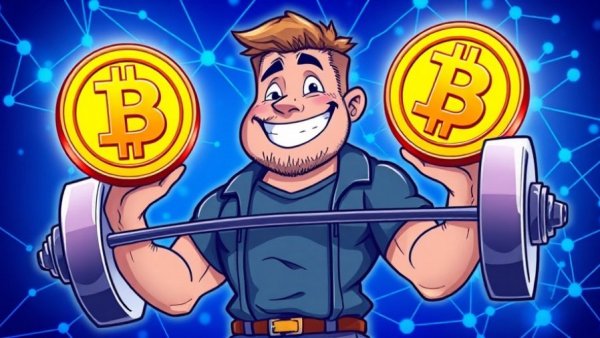 Illustration of Bitcoin $100K debate with man lifting Bitcoin weights.